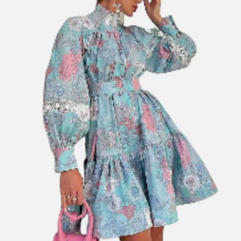 Female Floral Print Dress Turtleneck  with lantern sleeve ruffle dress