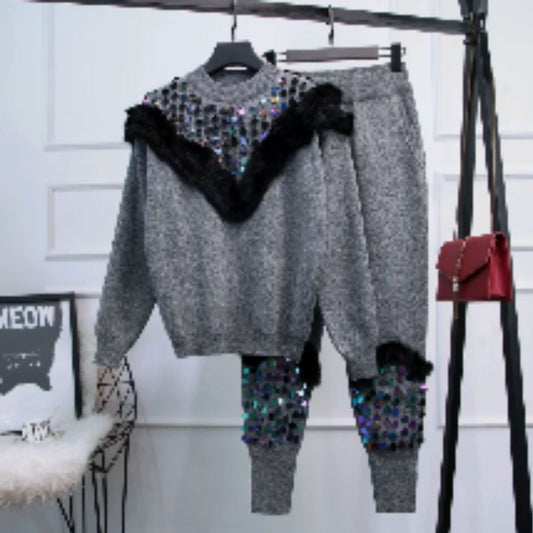 women 2 piece sequins fur patchwork sweater top with pant trouser.