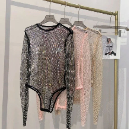 Women's Shiny Rhinestone Fishnet See-Through Bodysuit