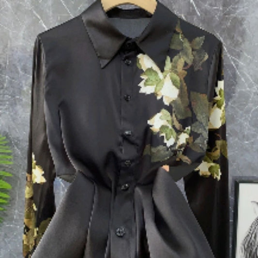 Spring Retro Style Black Printed Silk Long sleeve