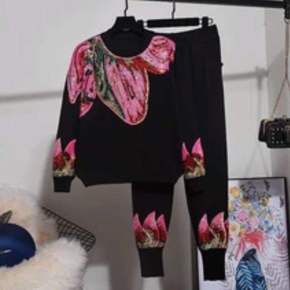 fashion pink sequins round neck pullover top and pant two piece set for women