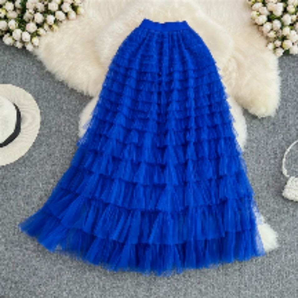 Spring Multi Layer Tulle Pleated Long Skirt