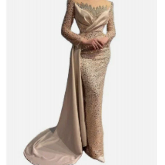 Champagne Mermaid  O Neck Banquet Sequin Long Sleeve Dress