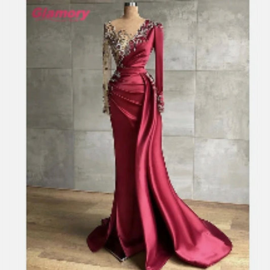 Long Sleeve Stain Evening Gown Mermaid Dress