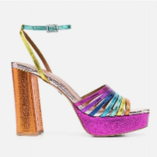 Elegant Leather Women Platform Heels with multicoloured straps